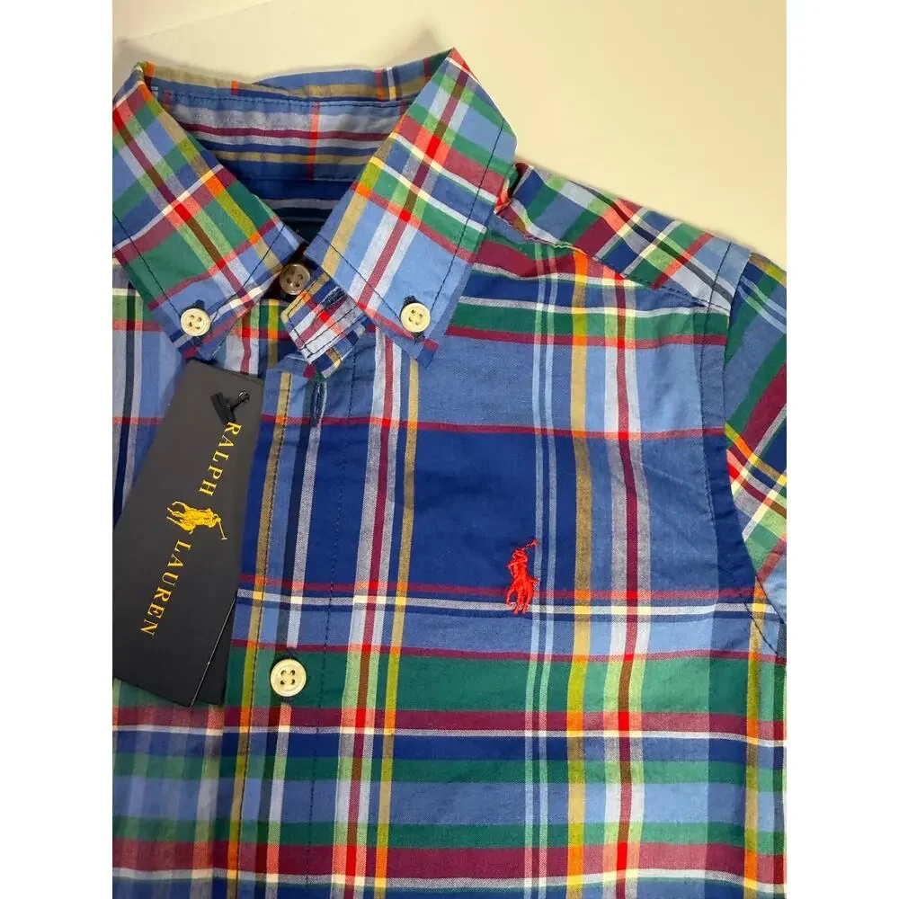 Ralph Lauren Boys 2T Plaid Button Down Shirt & Khaki Shorts Outfit Set NWT